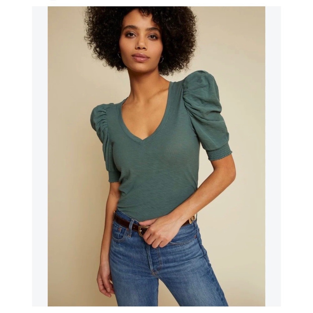 Nation LTD Celine Puff Sleeve Pima Cotton Top M Sage Green Cottagecore Boho